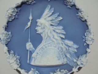 Antique German Jasperware Blue White Indian Chief w Sword & Shield Plaque 2