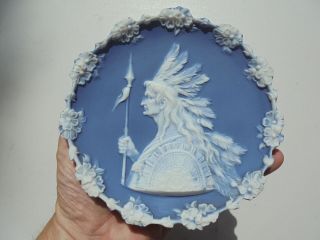 Antique German Jasperware Blue White Indian Chief w Sword & Shield Plaque 3