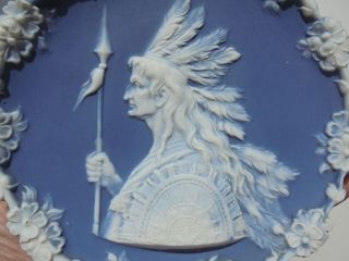Antique German Jasperware Blue White Indian Chief w Sword & Shield Plaque 4