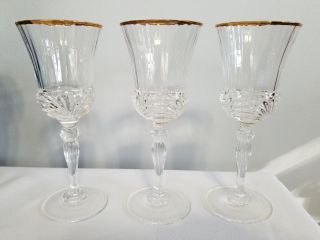 3 Royal Crystal Rock Aurea Gold Wine Glasses Water Goblets 7 7/8 3 Inch Top