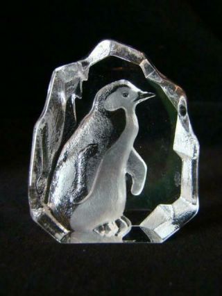 Vintage Mats Jonasson Sweden Miniature Etched Glass Penguin Sculpture,  Signed