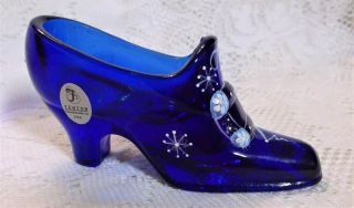 Fenton Art Glass Cobalt Blue Shoe,  Nib,  Hand Painted - S Hughes,  2 1/2x4 1/2 "