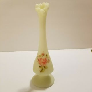 Vintage Fenton Custard Glass Vase Hand Painted Rose Design Signed D.  Robinson