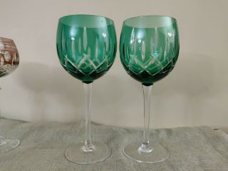 2 Festive Gorham Emerald Green Cut To Clear Goblet Crystal Stem Wine Hock Glass