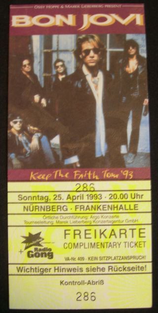 Bon Jovi German Concert Ticket 25 April1993 Nurnberg Keep The Faith