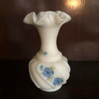 Fenton Ivory Satin Glass Vase Ruffled Edge Hand Painted Blue Dogwood Jackie D.
