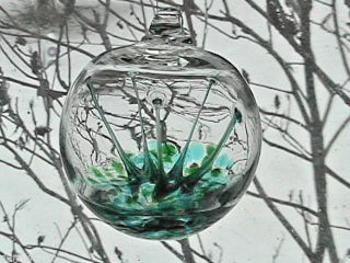 Hanging Glass Ball 4 " Diameter Green & Aqua Tree Witch Ball (1) Wb28