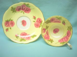 Foley China Deep Pink Roses On Pale Yellow Cup And Saucer