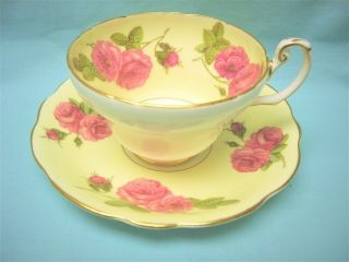 Foley China Deep Pink Roses on Pale Yellow Cup and Saucer 2