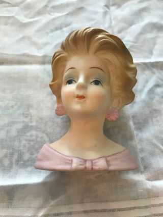 Vintage Norleans Lady In Pink Head Vase Planter With Label - Bisque