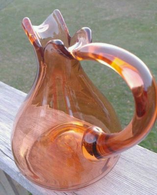 Vintage Mcm Bischoff Copperette Art Glass Handled Split Rim Pitcher 7.  5 "