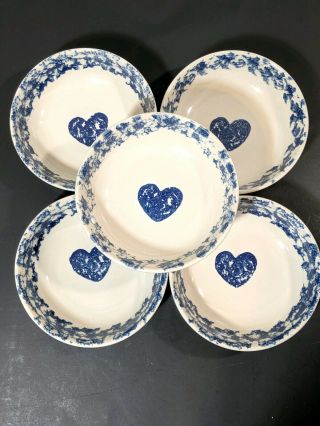 Folk Craft Blue Heart Set Of 5 Cereal Bowls Tienshan Sponge Stoneware Soup 2