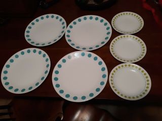 Set Of 4 Vintage Corelle Polka Dot Turquoise South Beach Dinner Plates,  3 Salad