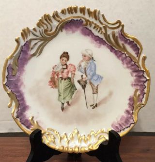 Antique Limoges Scalloped Hand Painted Artist Signed Plate Gilt & Purple Luster