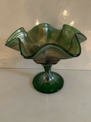 Vintage Fenton Carnival Green Peacock Tail Compote Candy Dish 6 " D
