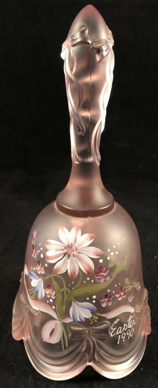 Vintage Fenton Glass Ribbon Hand Painted Easter Bell Frosted Pink Signed 1990