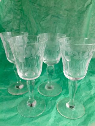 Clear Glass Cordial 4” Glasses Etched Floral Port Wine Aperitif Sherry Set Of 4