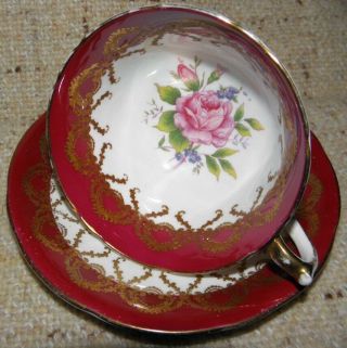 Vintage Aynsley Tea Cup & Saucer Set Wide Red Burgundy Pink Rose Motif Gilded