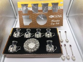 Set Of 6 Turkish Style Tea Glasses With Brass Holder Saucer And Spoons Set