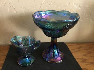 Blue Iridescent Carnival Glass Harvest Grape Footed Serving Dish And Pitcher
