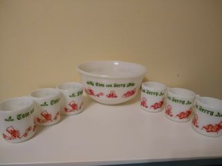 Vintage Hazel Atlas Tom And Jerry Punch Eggnog Bowl Set With 6 Handled Cups Mugs