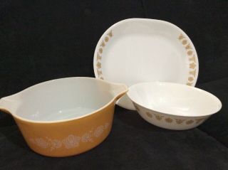 Corelle Butterfly Gold Serving Bowl,  Platter,  And Casserole Pyrex Dish