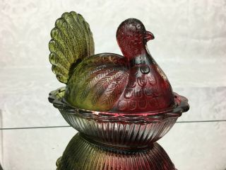 Vintage Collectible Red & Green Art Glass Nesting Turkey Dish Covered Bowl Wml51