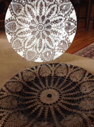 Two Fused Glass 8.  5 Inch Lace Pattern Plates Black & White Sydenstricker Style