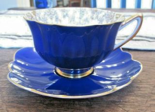 Vintage Cobalt Blue Shelley England Porcelain Cup Saucer Fruit Pattern Atholl Go