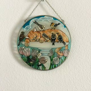 Amia Vintage Stain Glass Suncatcher Sleeping Cat and Bird Picture Multi Color 5
