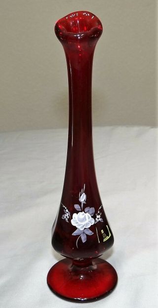 Fenton Glass Ruby Red Stretch Swung 9 " Bud Vase Vtg Hand Painted Signed