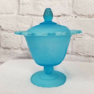 Vintage Frosted Teal Blue Stem Pedestal Candy Dish Raised Fruit Design 8 " Tall