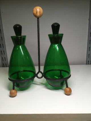 Emerald Glo Cruet Set Black Metal Stand With Wooden Feet And Finial
