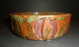 Vintage Mid Century Modern Studio Art Pottery Bowl Signed Orange & Green