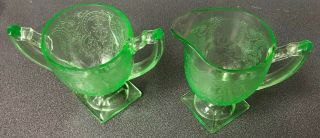 Cameo 4”1/4 Tall Cream And Sugar Glowy Uranium Vaseline Green Glass