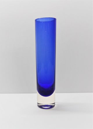 Cobalt Blue Art Glass Cylinder Bud Vase 7 1/4 " Tall.  Clear Glass Bottom