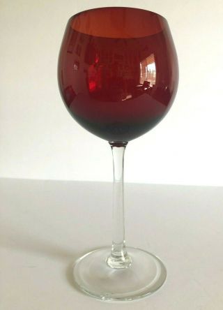 Vintage Large Ruby Red With Clear Stem Crystal Wine Glass 8.  5 " Tall