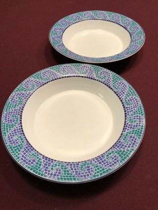 Dansk Intl Mosaic Dinnerware Bluewaves Tiled Blue Rim Soup Cereal Bowls Set Of 2