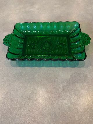 Vintage Anchor Hocking Forest Green Sandwich Glass Pattern Double Handled Tray