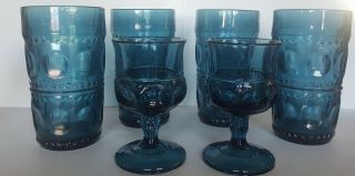 4 Indiana Glass Smoked Blue Kings Crown Thumbprint Tumblers Plus 2 Goblets
