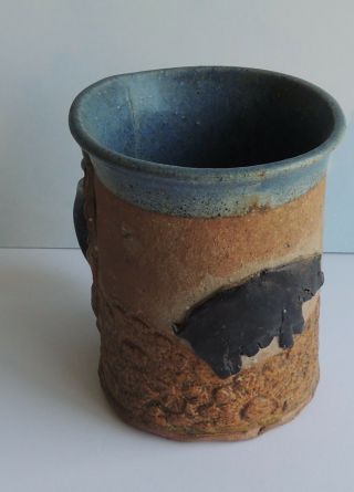 Estate Vintage Hand Crafted Signed Pig Pottery Brown Blue Mug Cup Unique Oak