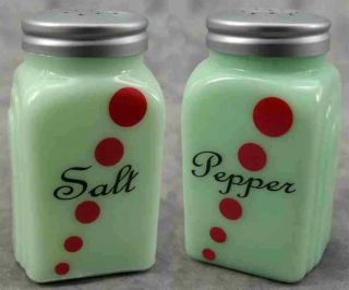 Jadeite Green Glass Red Dot Arch Salt & Pepper Shaker Set Black Lettering