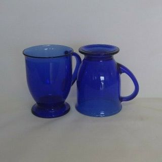 Anchor Hocking Cobalt Blue Glass Mugs Vintage Mid Century Modern Set Of 2