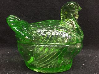 Green Vaseline Glass Turkey Hen On Nest Basket Dish Candy Uranium / Thanksgiving