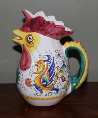 Pitcher/jug Hand - Painted Ceramic Rooster Charming Colorful Vintage Made In Italy