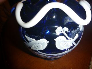 Signed 3.  5 Inch Nancy Fenton Cobalt Blue Rose Bowl Vase With White Birds
