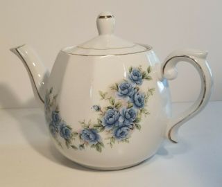 Vintage Ellgreave Woods & Sons Teapot Blue Roses England 4