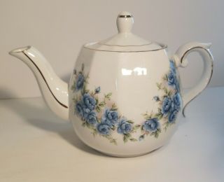 Vintage Ellgreave Woods & Sons Teapot Blue Roses England 6