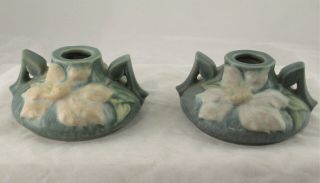 Vintage Roseville Pottery Green Clematis Pair Candle Holders 1158 - 2 Vgc