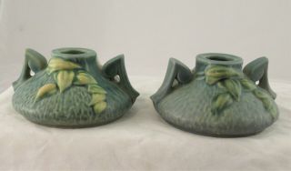 Vintage ROSEVILLE pottery green clematis pair candle holders 1158 - 2 VGC 6